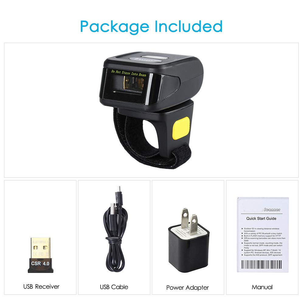 Eyoyo 1D Wireless Ring Barcode Scanner, Compatible with Bluetooth