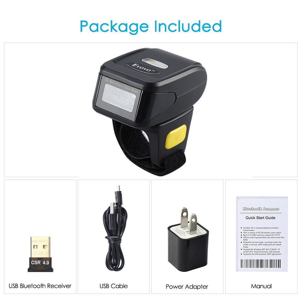 Portable Ring 1D 2D QR Barcode Scanner,Wearable Wireless Finger Mini