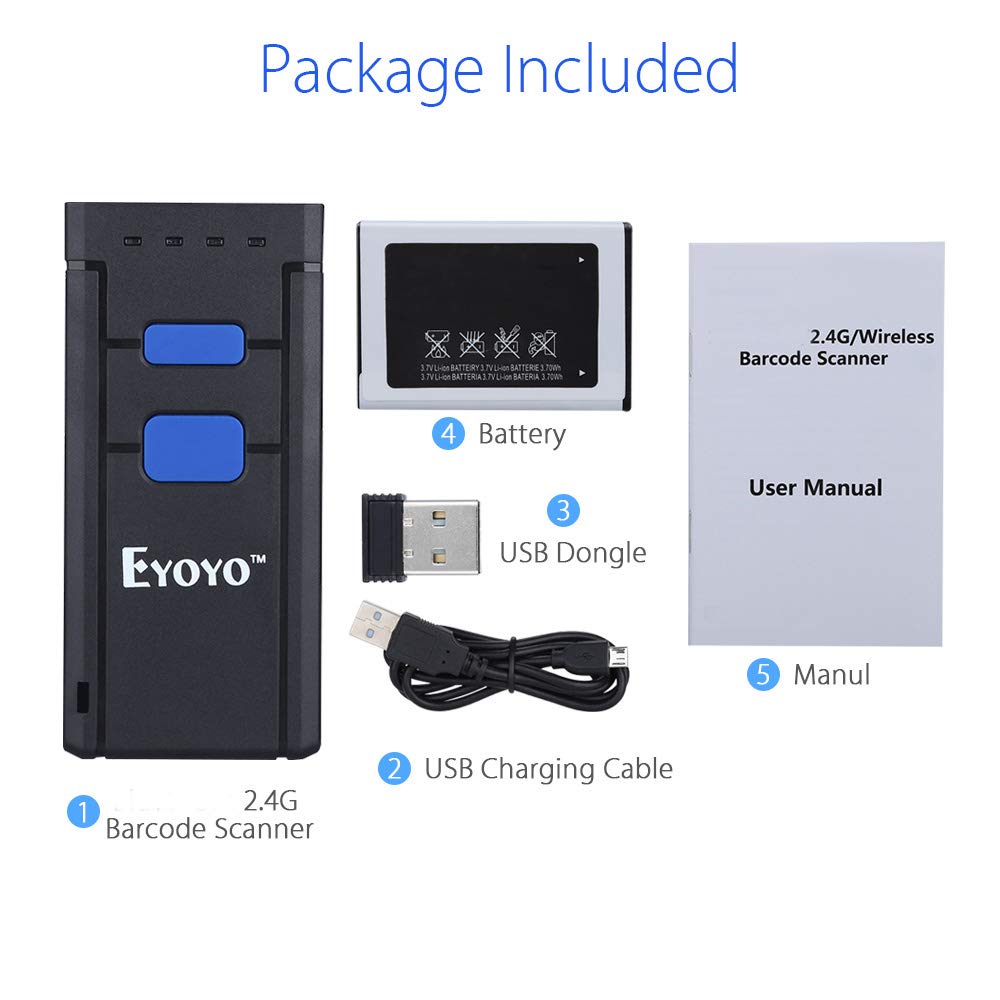 compatibile con Bluetooth & 2.4 GHz wireless & Wired Connection Eyoyo PC Tablet iOS Phones Scanner portatile 1D wireless Mini Barcode Reader Work with Windows Mac OS Android 