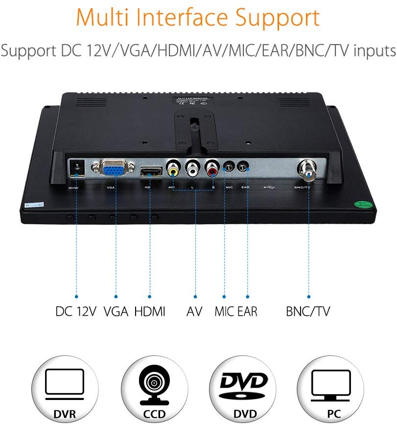 Eyoyo 10 Inch Ips Lcd Monitor 1280x800 Resolution Support Hdmi Vga Bnc Av Input For Pc Tv Security Display 10 Inch
