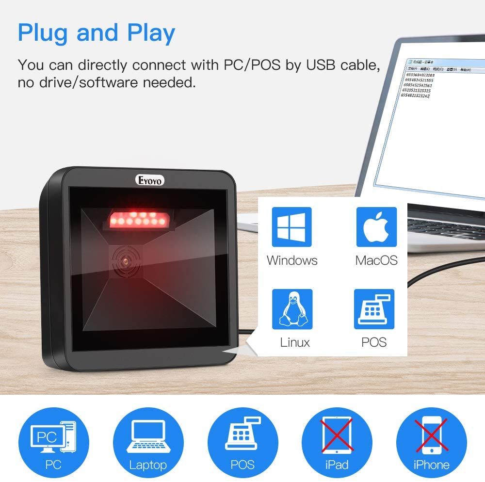 Eyoyo HandsFree 2D QR Barcode Scanner, Omnidirectional Desktop