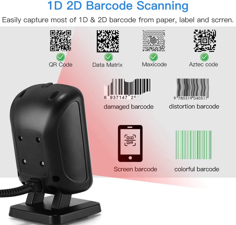 Eyoyo EY-2200C 2D Hands-Free Barcode Scanner, Omnidirectional USB Wired