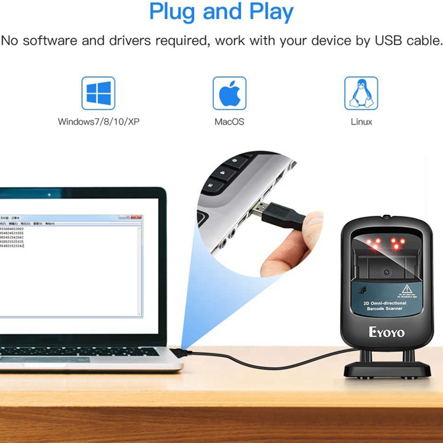 Eyoyo EY-2200C 2D Hands-Free Barcode Scanner, Omnidirectional USB Wired